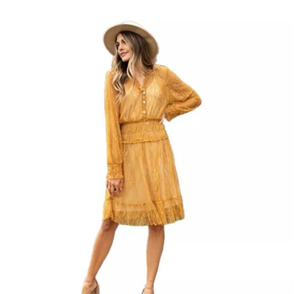 Fig & Flower Lace Smocked Waist Dress Gold NWT Size XL - Picture 1 of 11